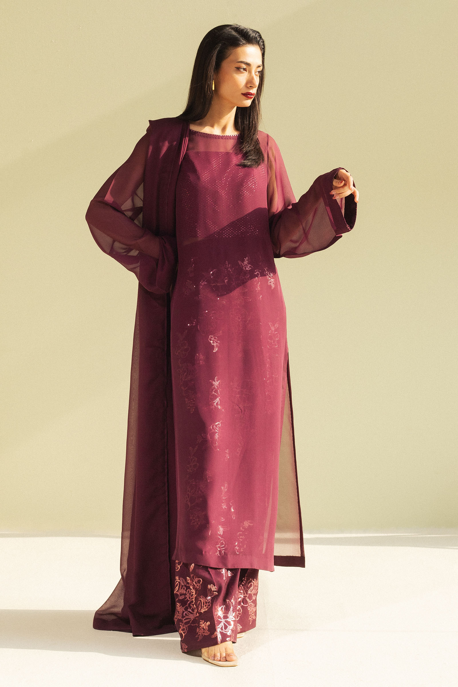 Plum Embroidered Chiffon Georgette & Raw Silk Salwar Kameez (3-Piece) - Image 1