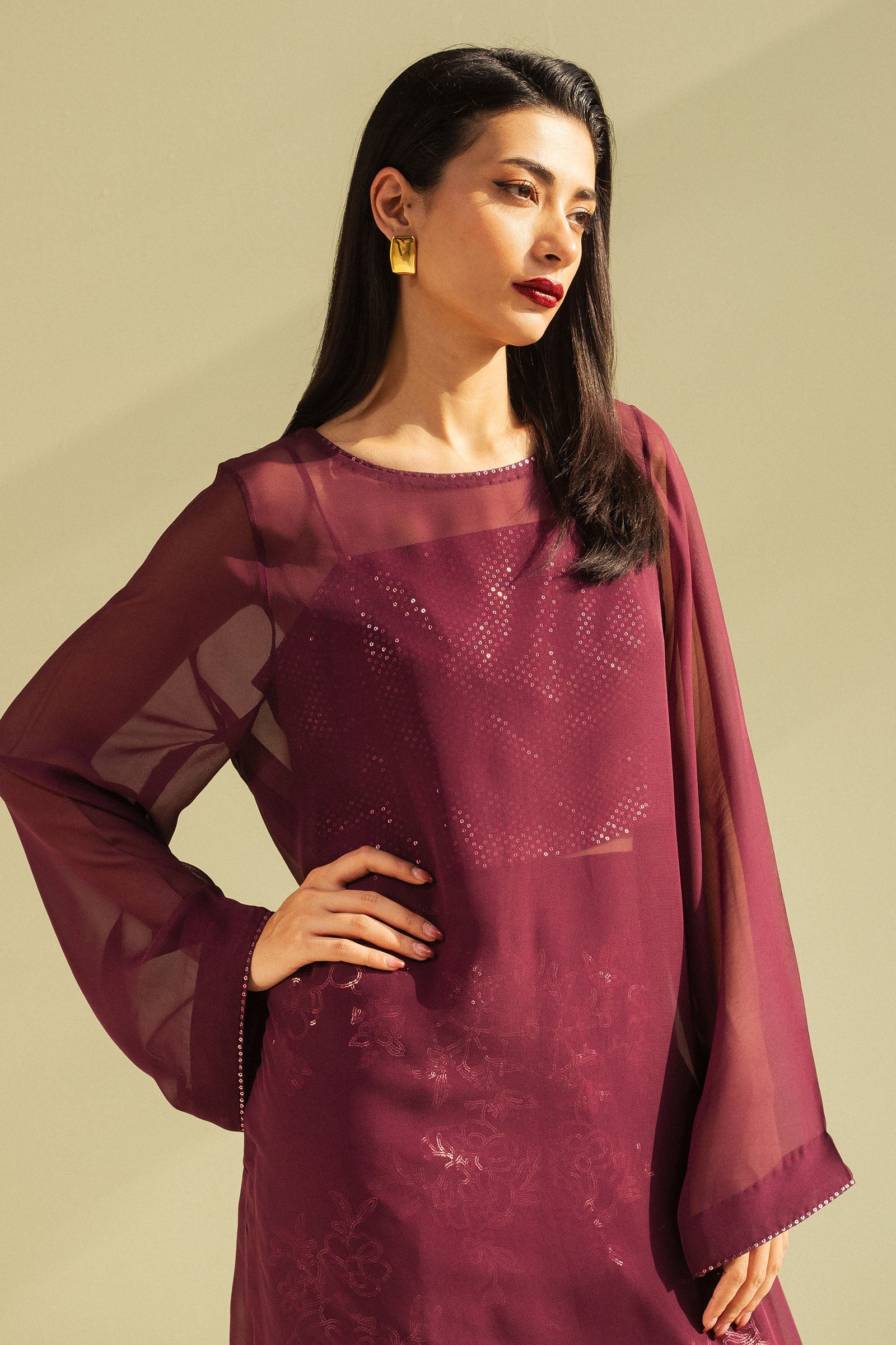 Plum Embroidered Chiffon Georgette & Raw Silk Salwar Kameez (3-Piece) - Image 2