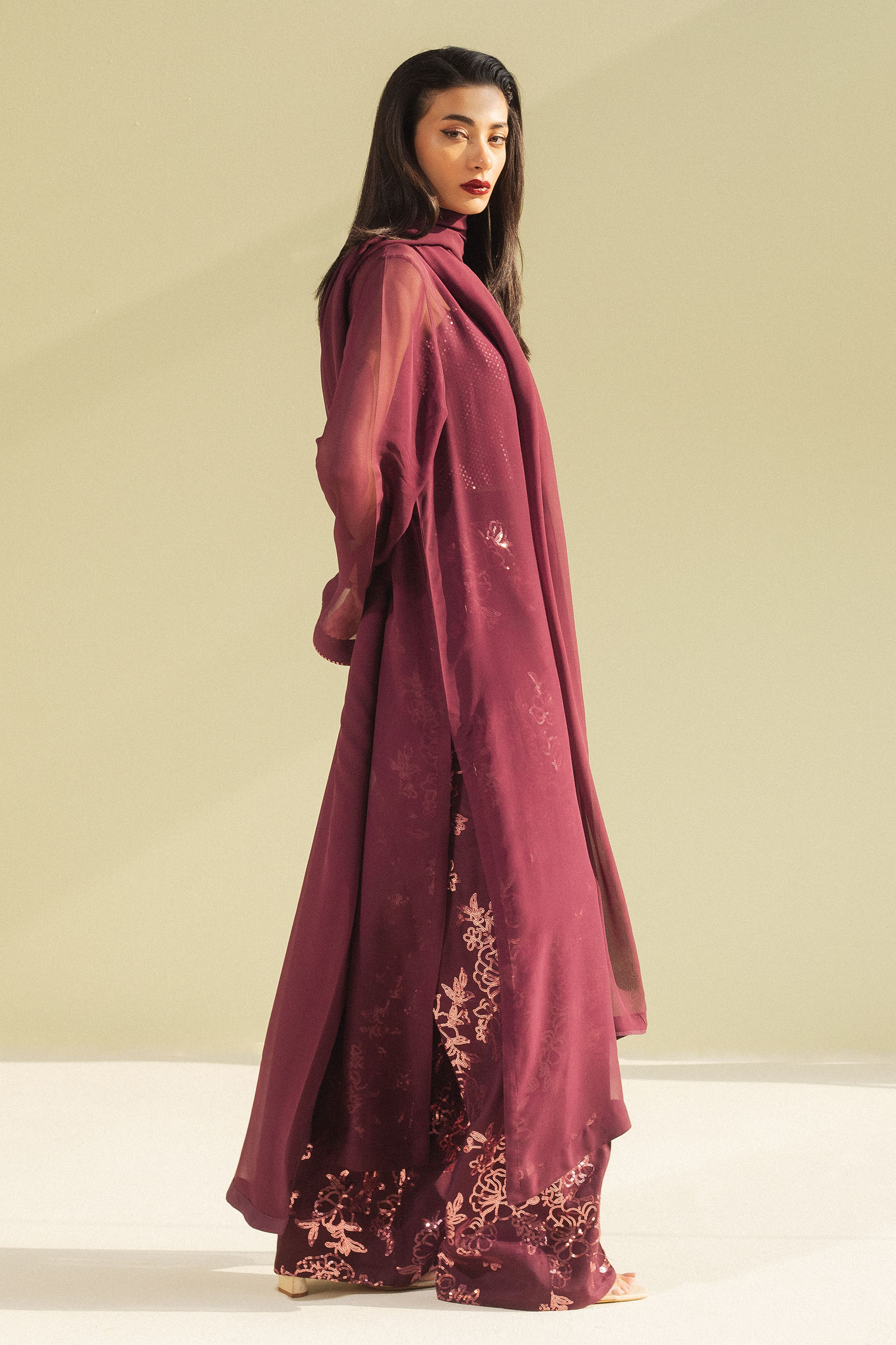 Plum Embroidered Chiffon Georgette & Raw Silk Salwar Kameez (3-Piece) - Image 3