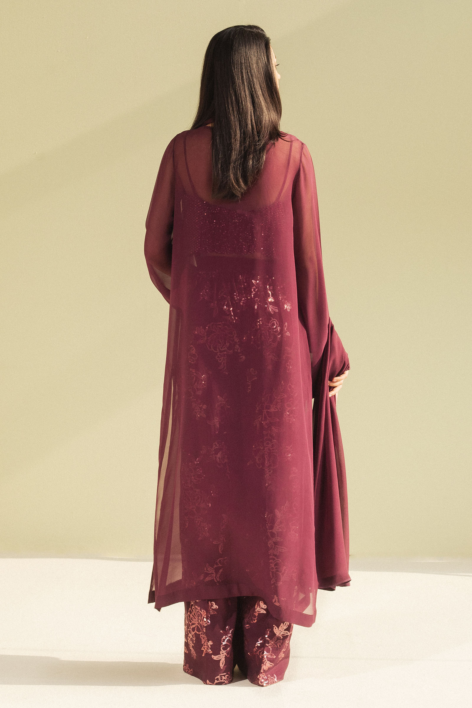 Plum Embroidered Chiffon Georgette & Raw Silk Salwar Kameez (3-Piece) - Image 4