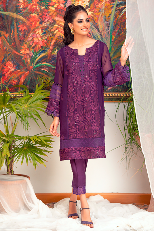 Pakistani Purple Embroidered Chiffon Kurti with Cotton Silk Pants (2-Piece) - Image 2