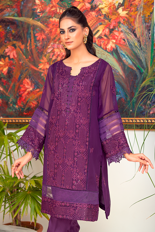 Pakistani Purple Embroidered Chiffon Kurti with Cotton Silk Pants (2-Piece) - Image 3