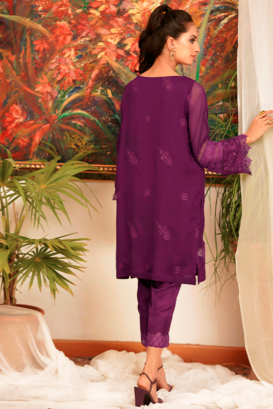 Pakistani Purple Embroidered Chiffon Kurti with Cotton Silk Pants (2-Piece) - Image 4