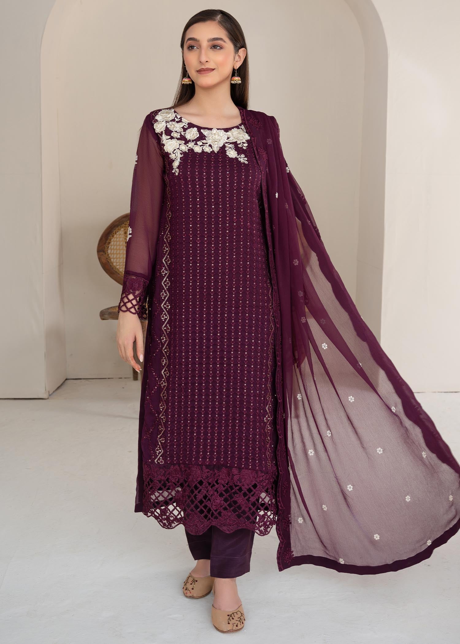 Pakistani Plum Sequin Embroidered Chiffon Salwar Kameez (3-Piece) - Image 1