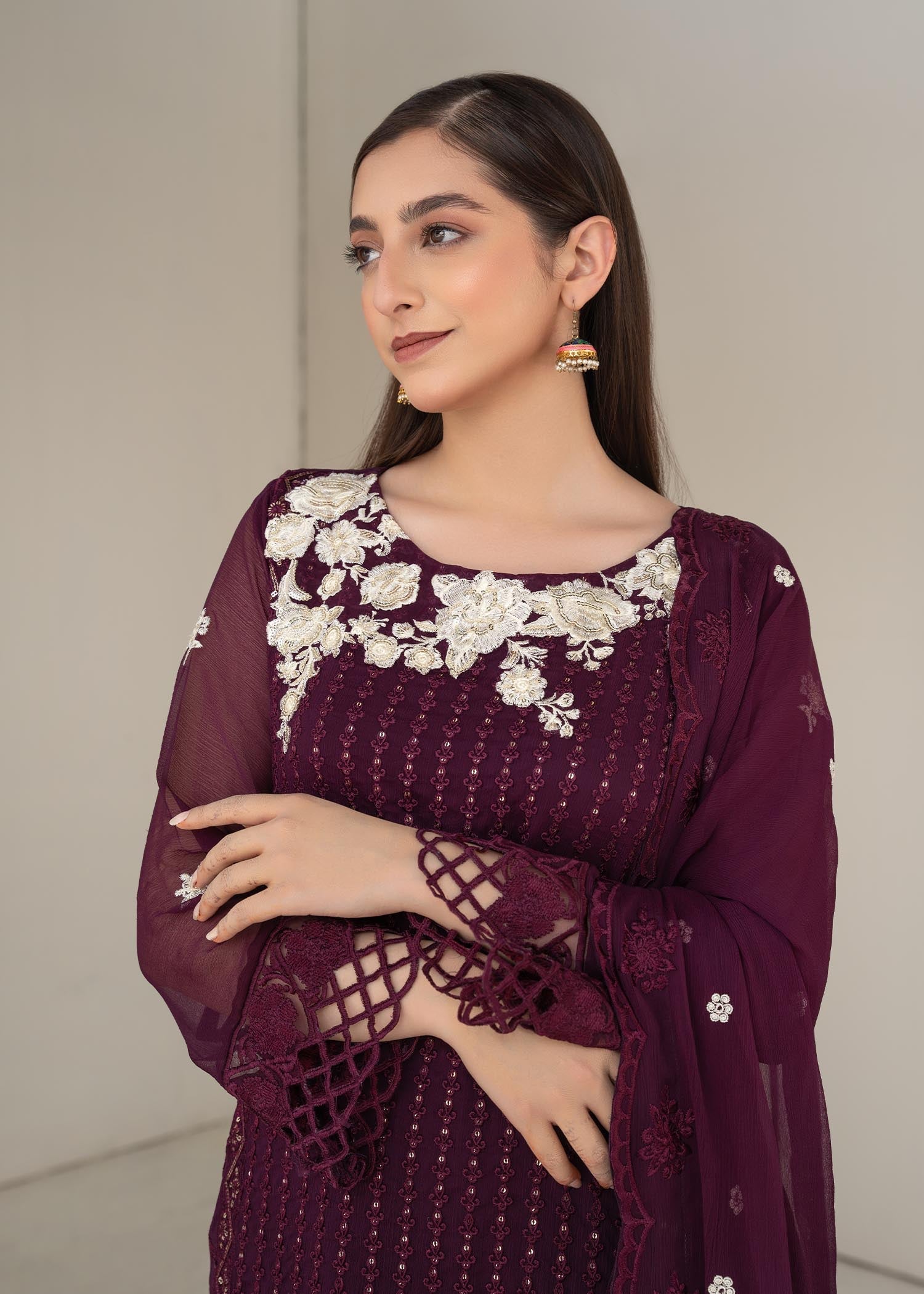 Pakistani Plum Sequin Embroidered Chiffon Salwar Kameez (3-Piece) - Image 2