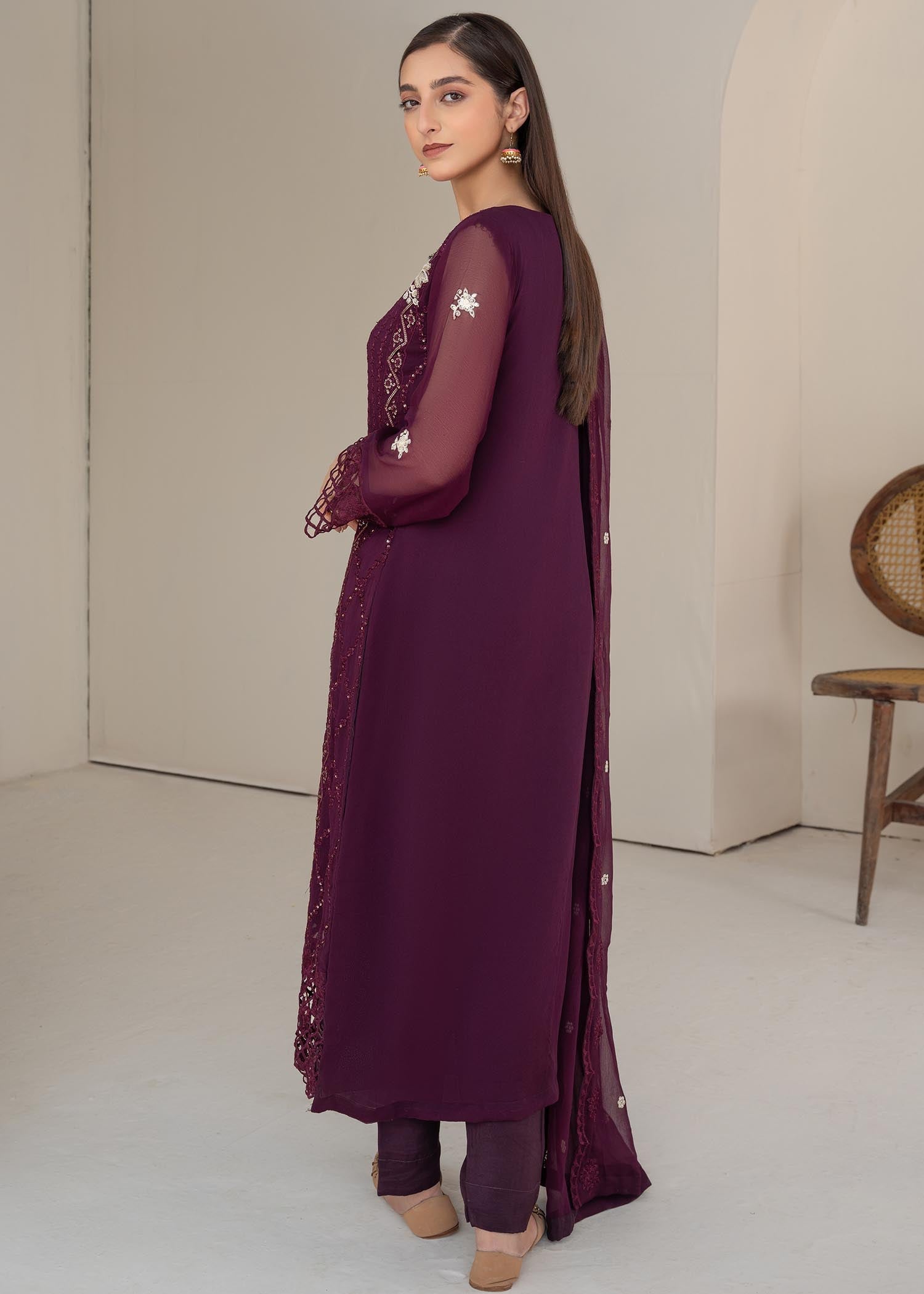 Pakistani Plum Sequin Embroidered Chiffon Salwar Kameez (3-Piece) - Image 3