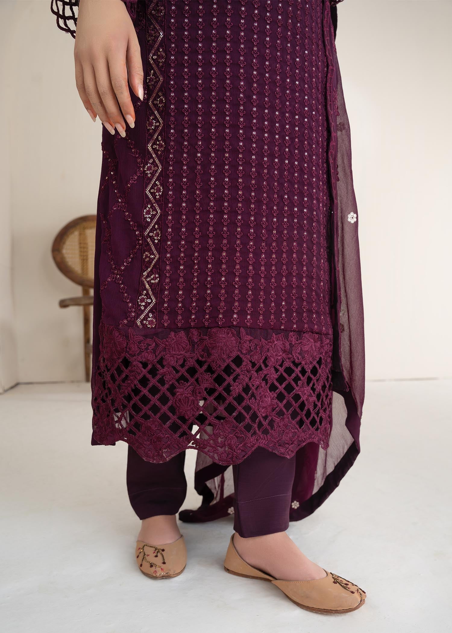 Pakistani Plum Sequin Embroidered Chiffon Salwar Kameez (3-Piece) - Image 4