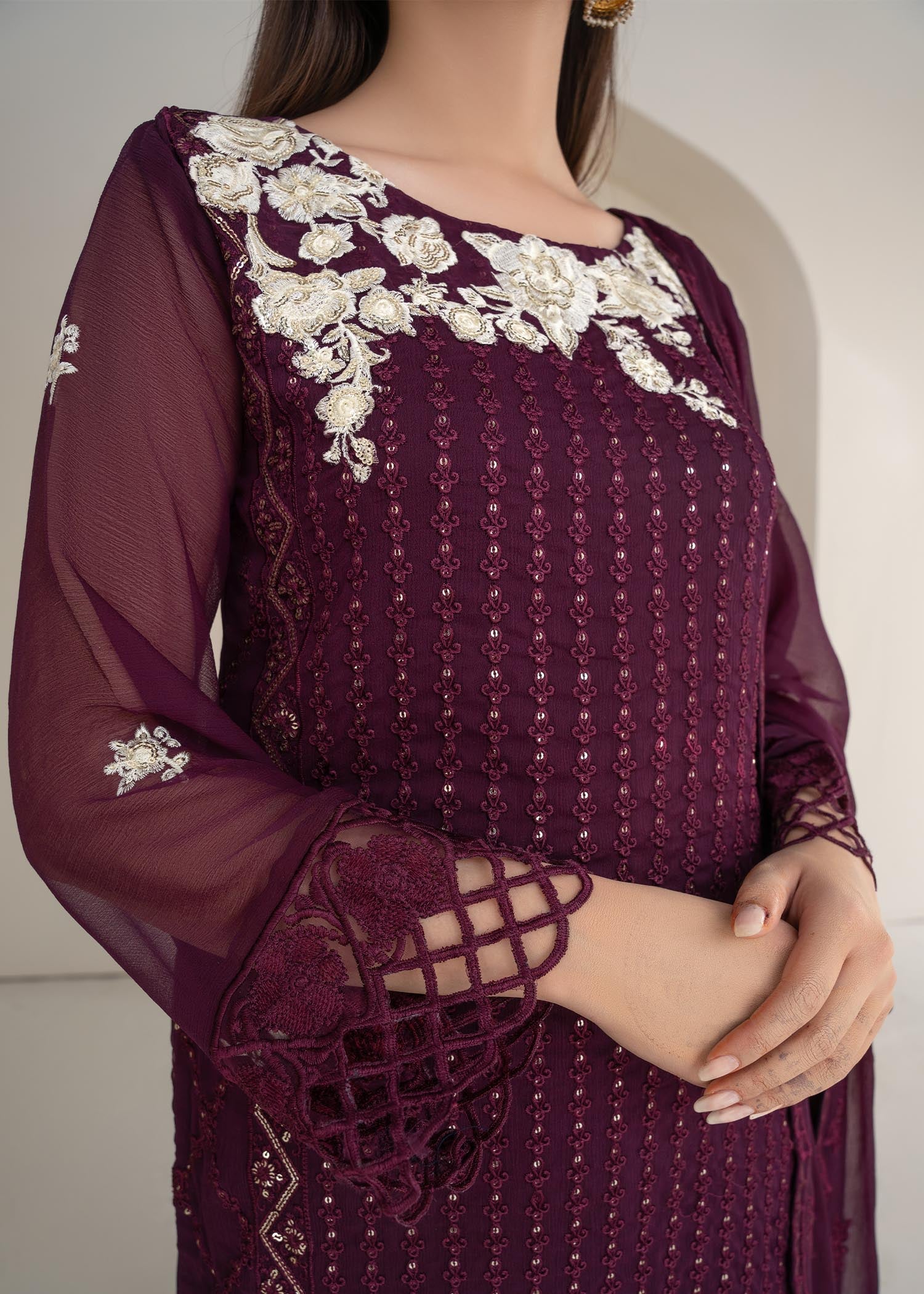 Pakistani Plum Sequin Embroidered Chiffon Salwar Kameez (3-Piece) - Image 5