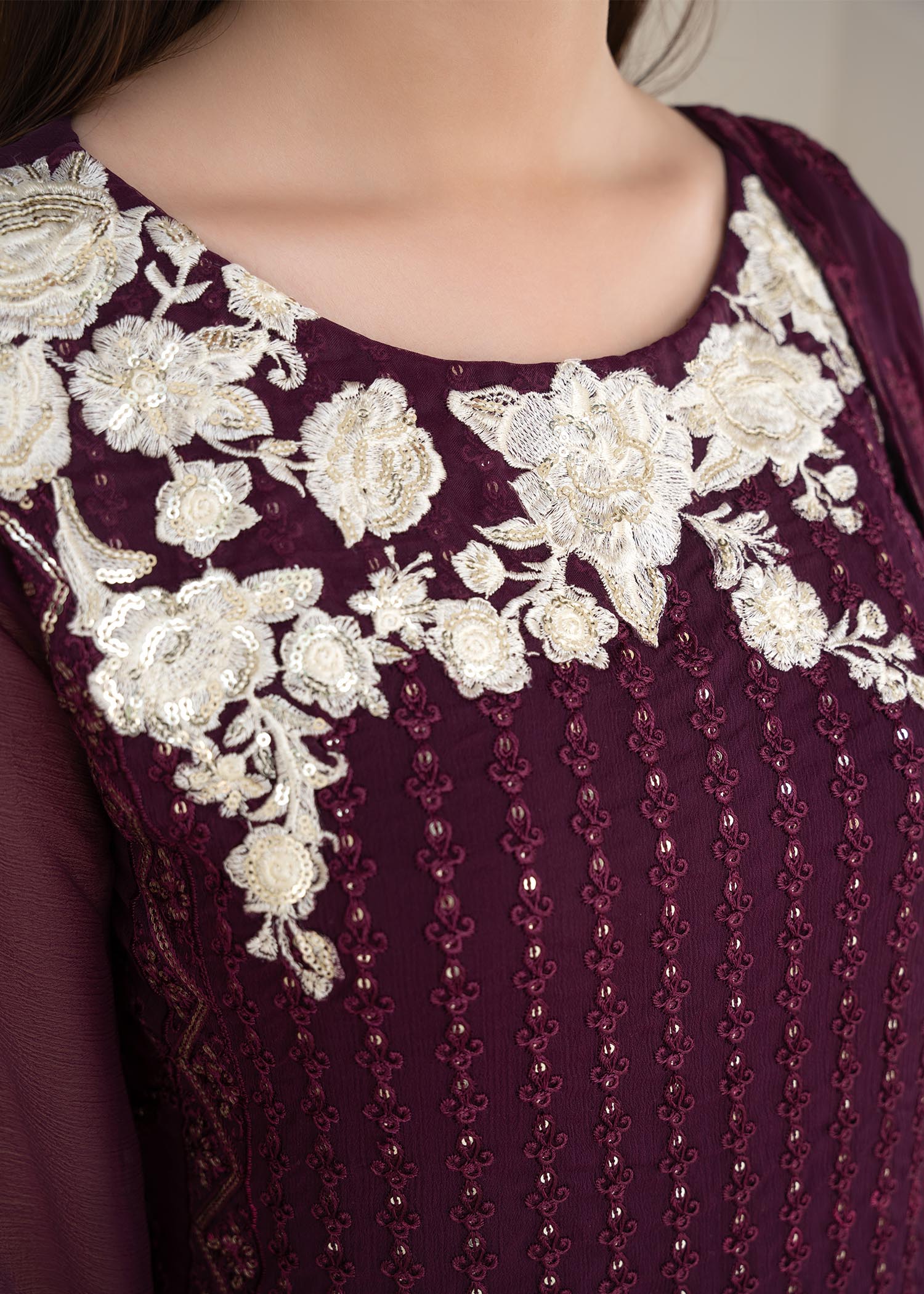 Pakistani Plum Sequin Embroidered Chiffon Salwar Kameez (3-Piece) - Image 6