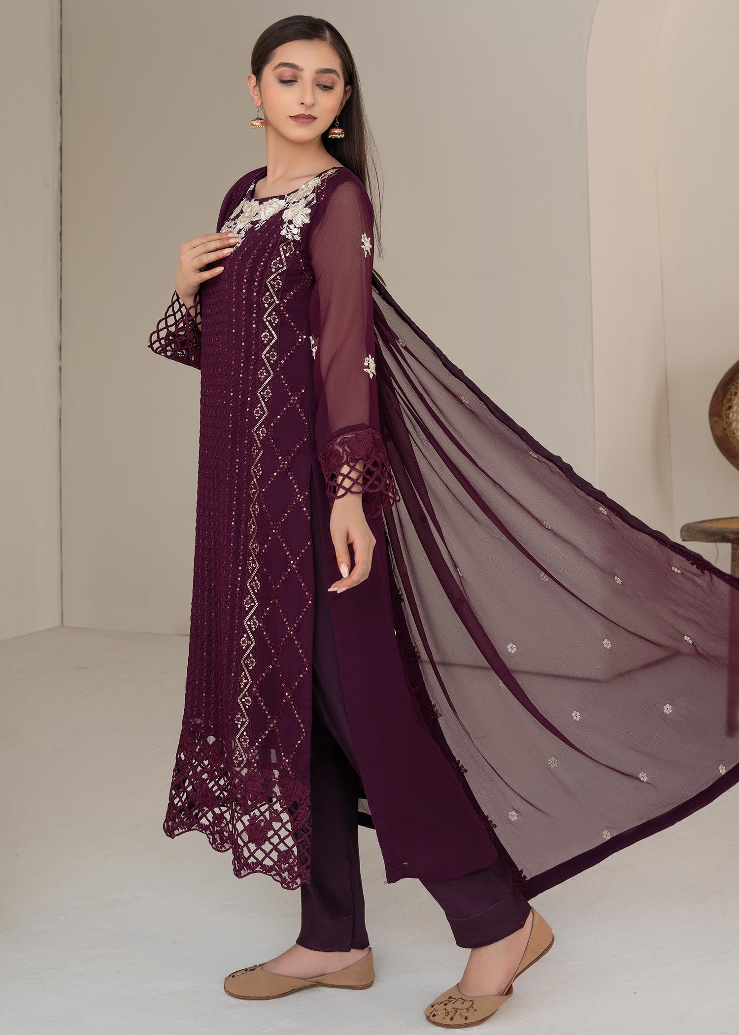Pakistani Plum Sequin Embroidered Chiffon Salwar Kameez (3-Piece) - Image 7