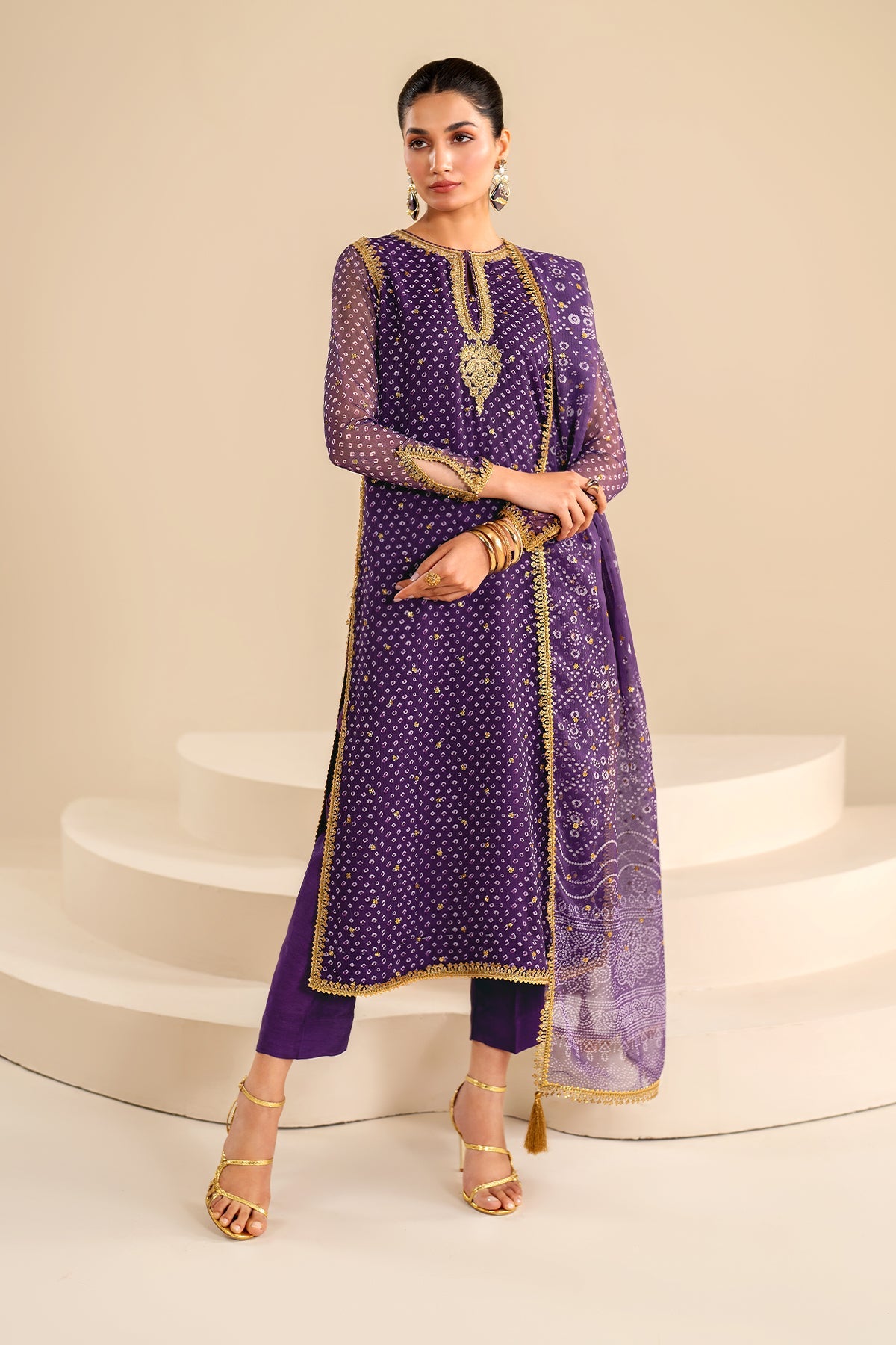Purple Embroidered Chiffon Salwar Kameez (3-Piece) - Image 1