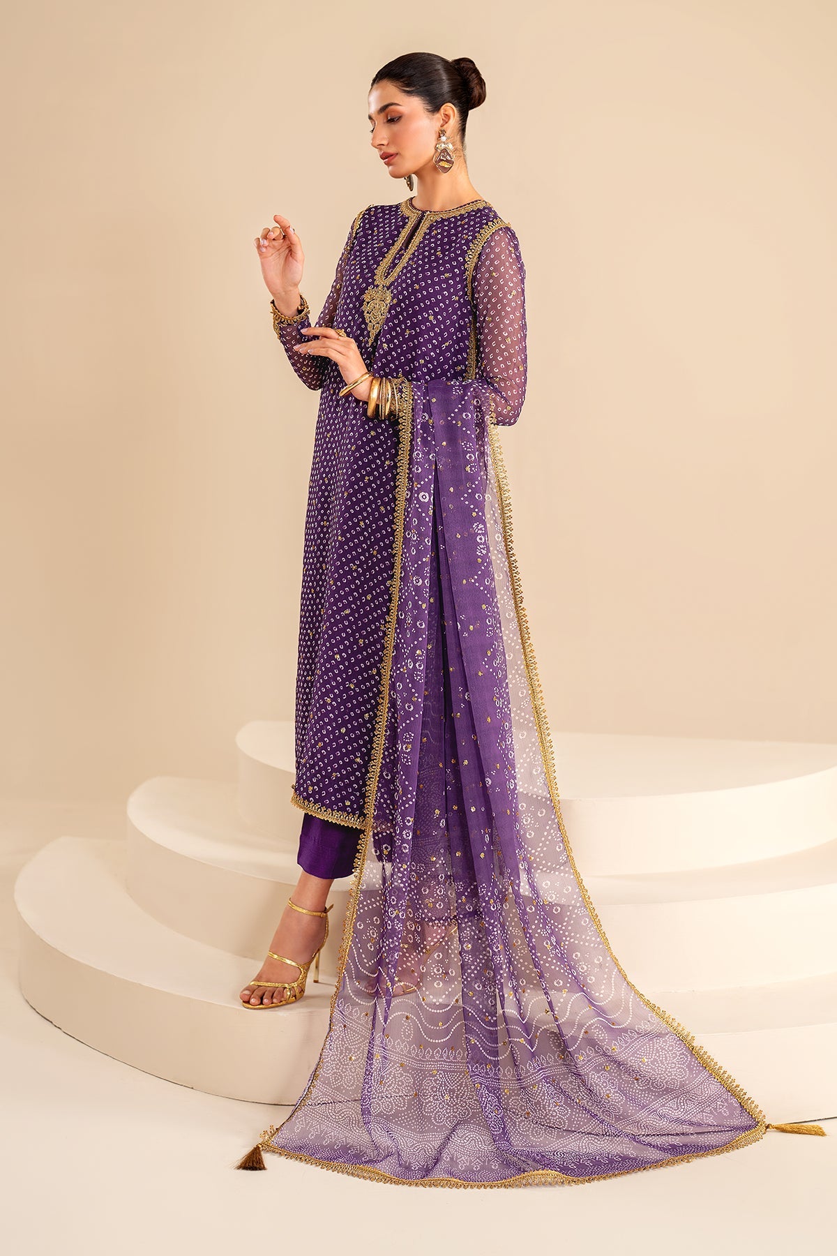 Purple Embroidered Chiffon Salwar Kameez (3-Piece) - Image 3