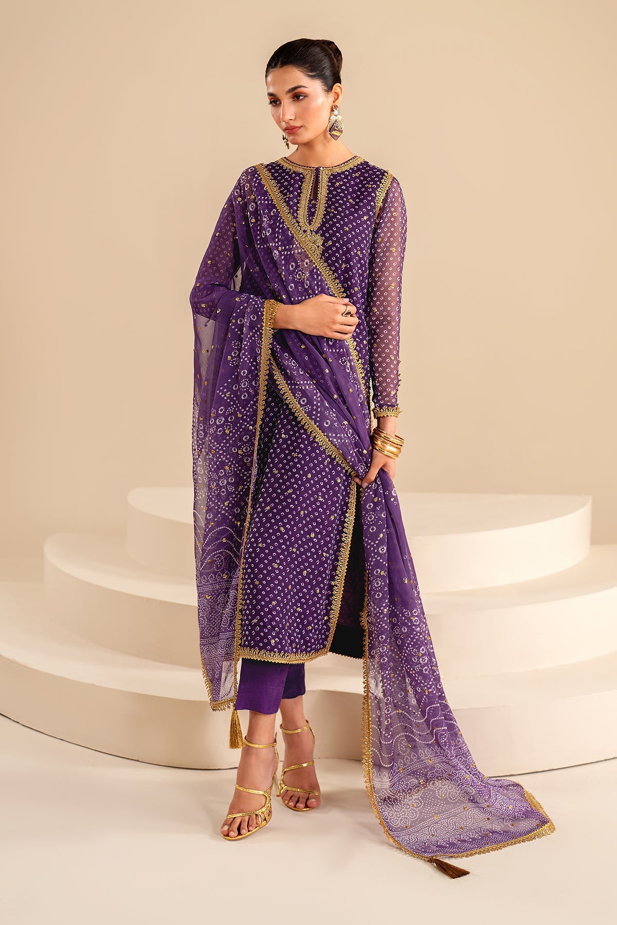 Purple Embroidered Chiffon Salwar Kameez (3-Piece) - Image 4