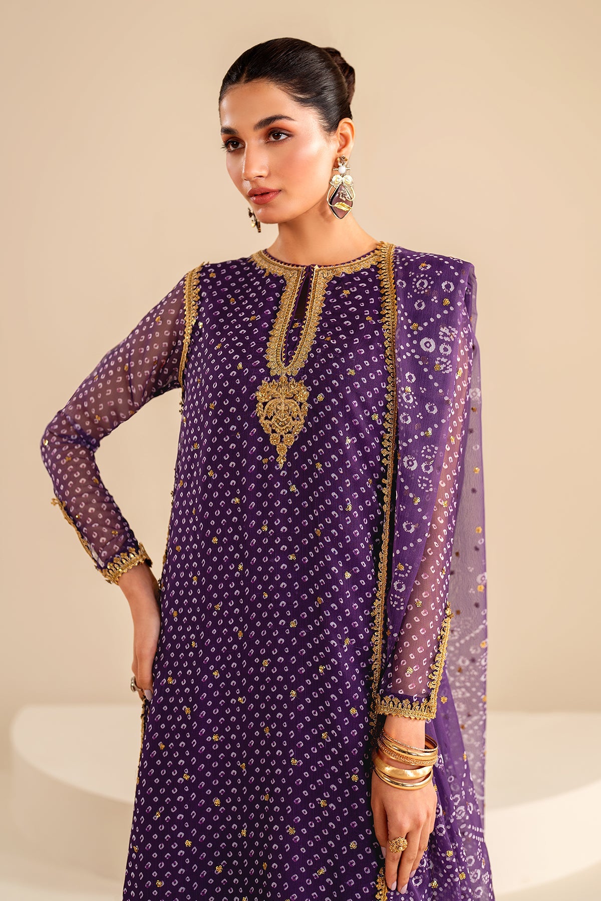 Purple Embroidered Chiffon Salwar Kameez (3-Piece) - Image 6
