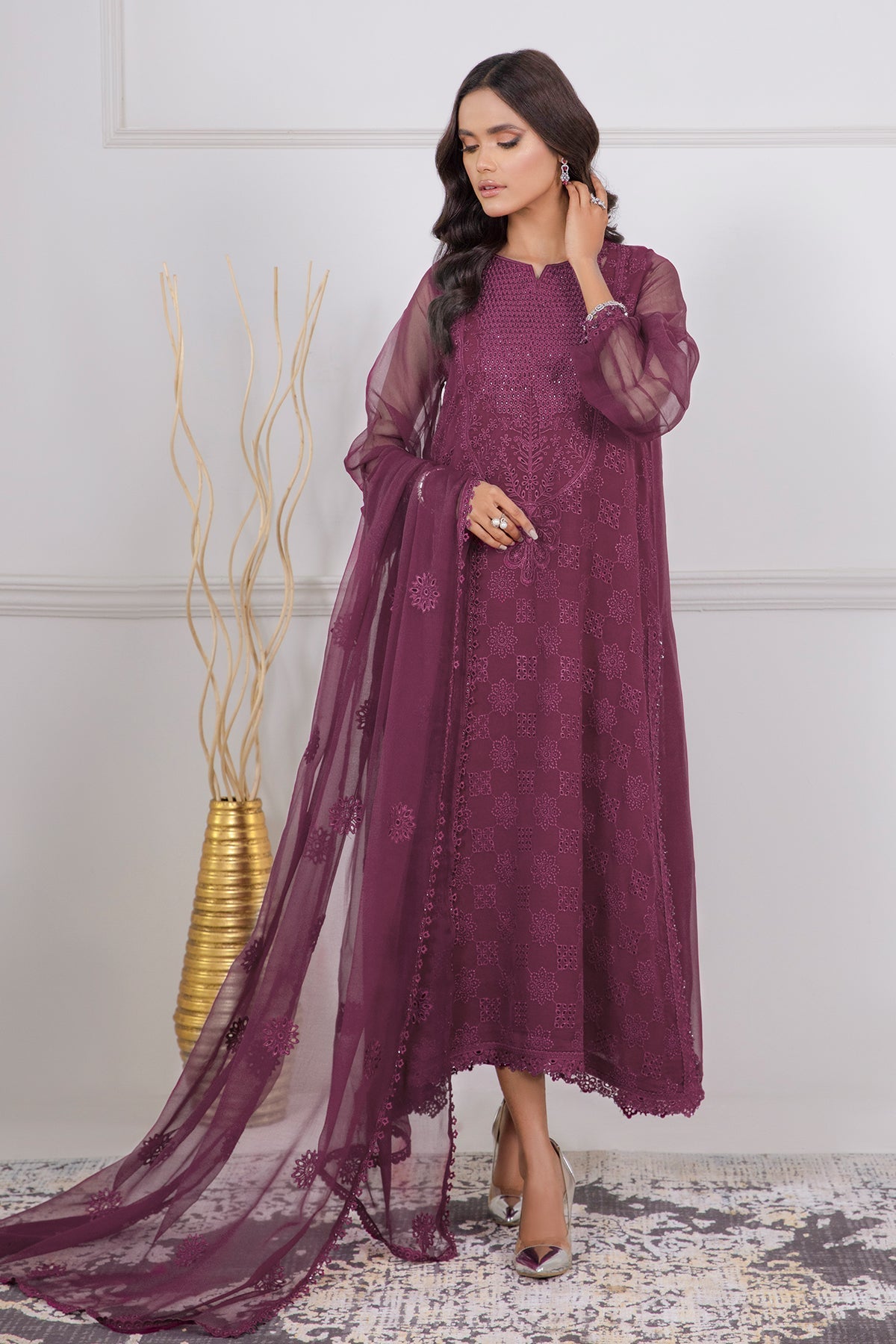 Pakistani Plum Embroidered Chiffon 3-Piece Suit - Image 1