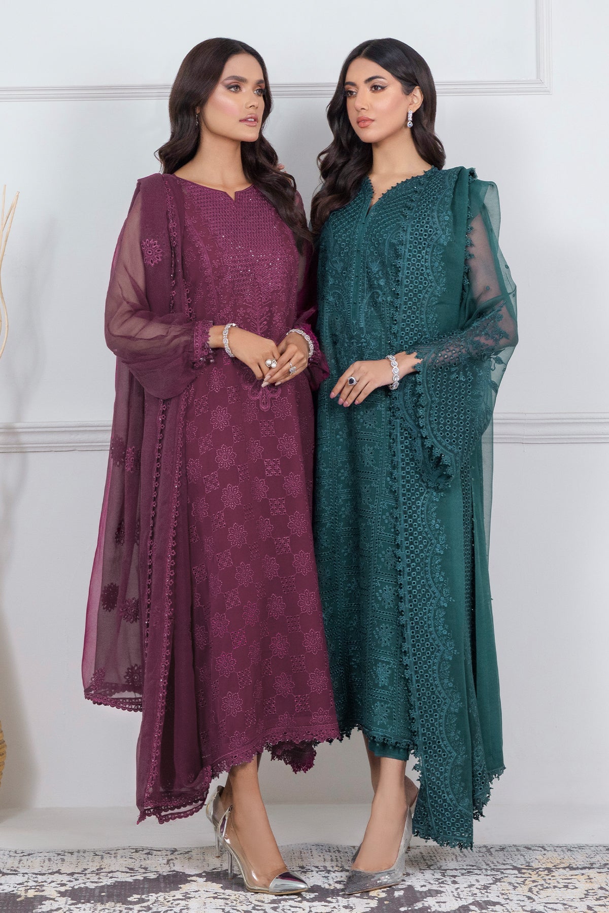 Pakistani Plum Embroidered Chiffon 3-Piece Suit - Image 4