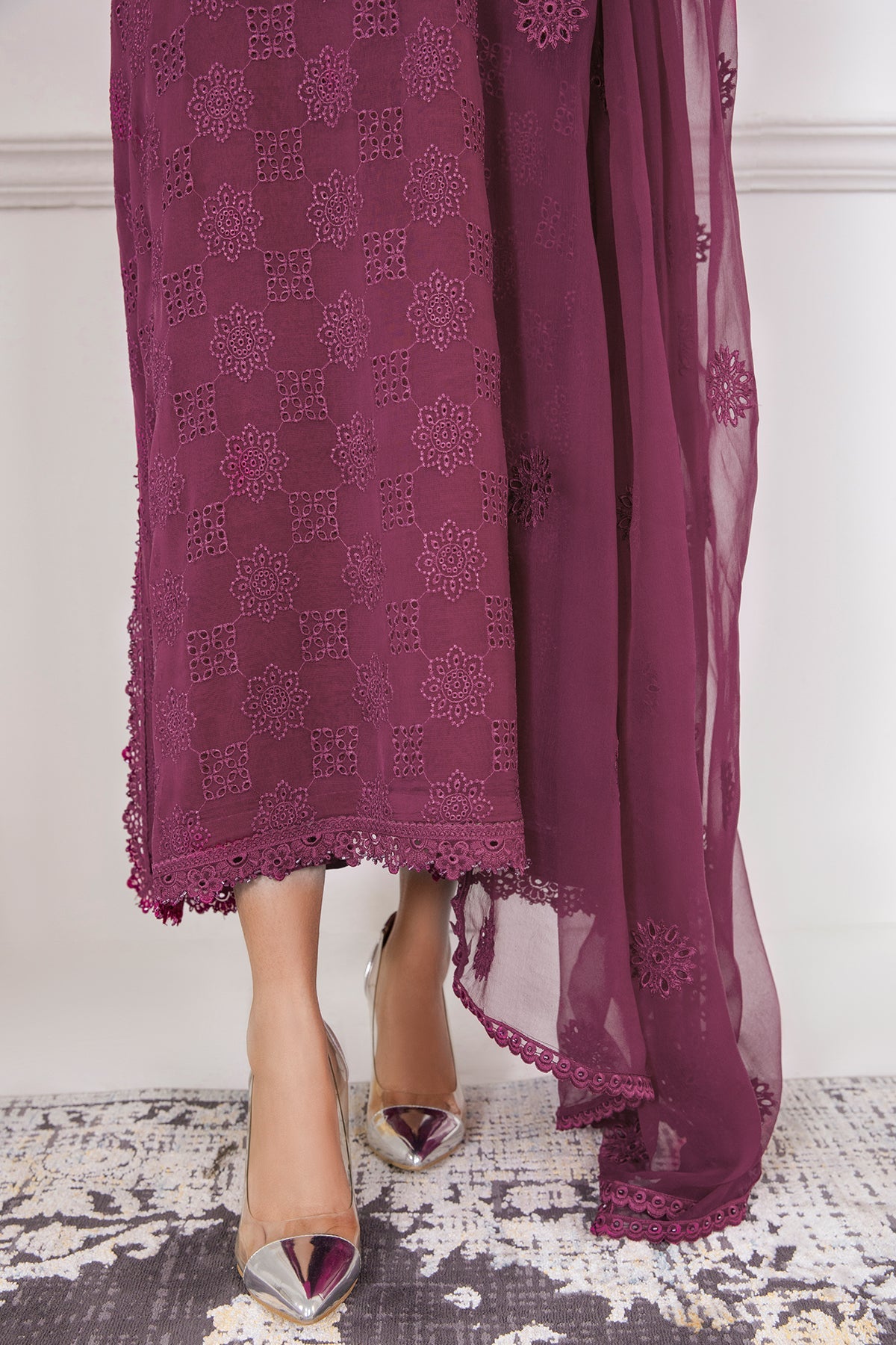 Pakistani Plum Embroidered Chiffon 3-Piece Suit - Image 6