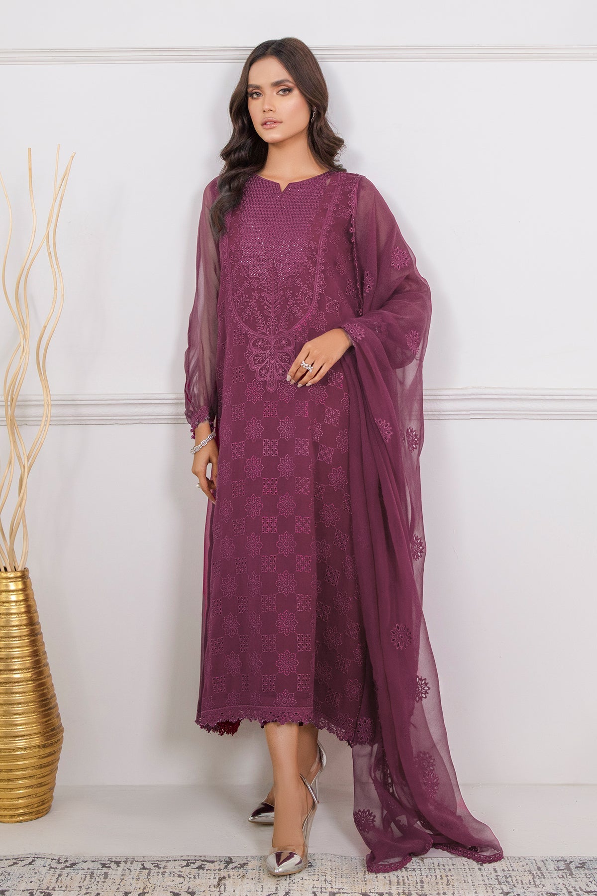 Pakistani Plum Embroidered Chiffon 3-Piece Suit - Image 7