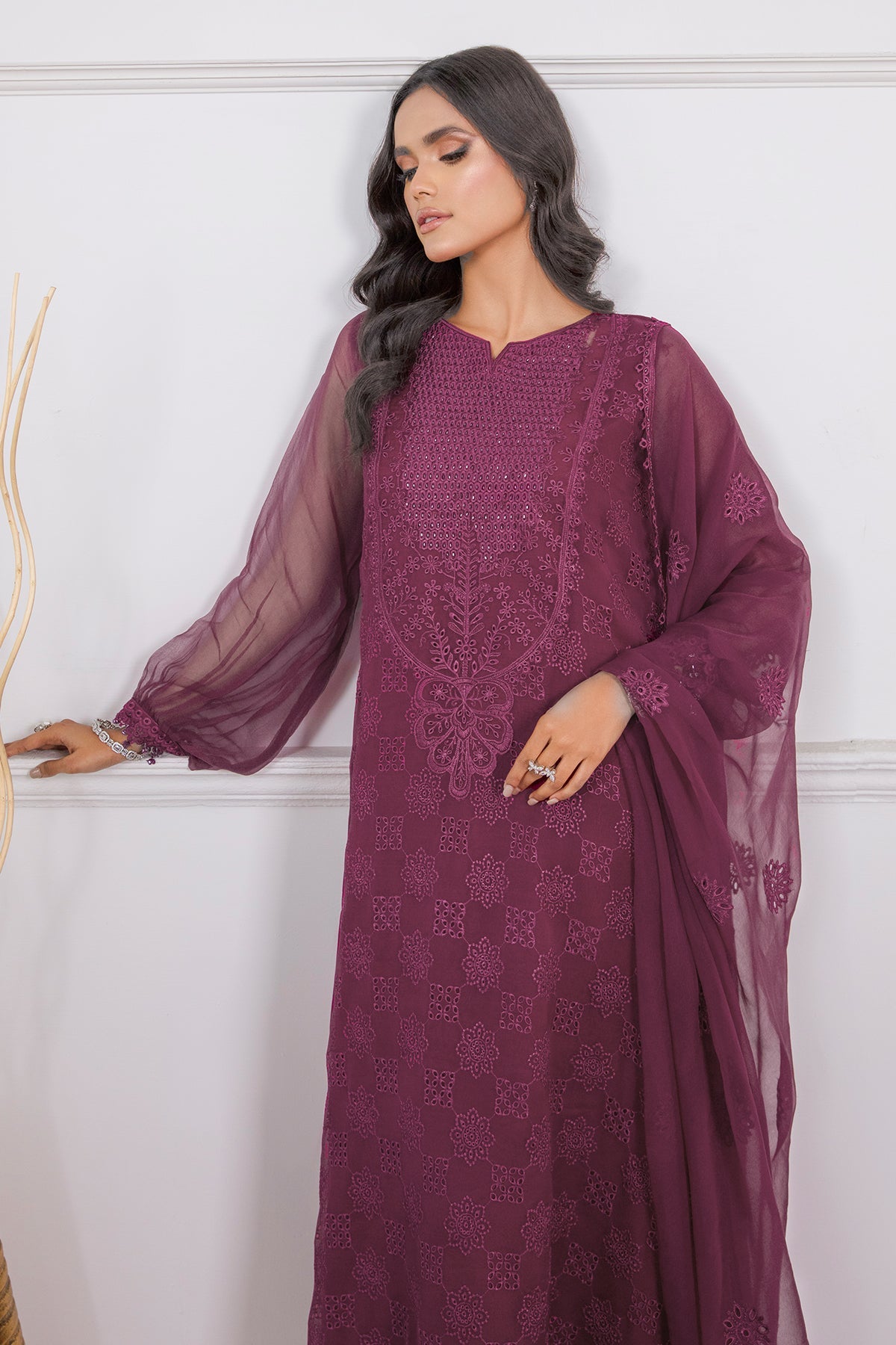 Pakistani Plum Embroidered Chiffon 3-Piece Suit - Image 8