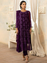 Pakistani Deep Purple Embroidered Chiffon 3-Piece Suit - Image 1