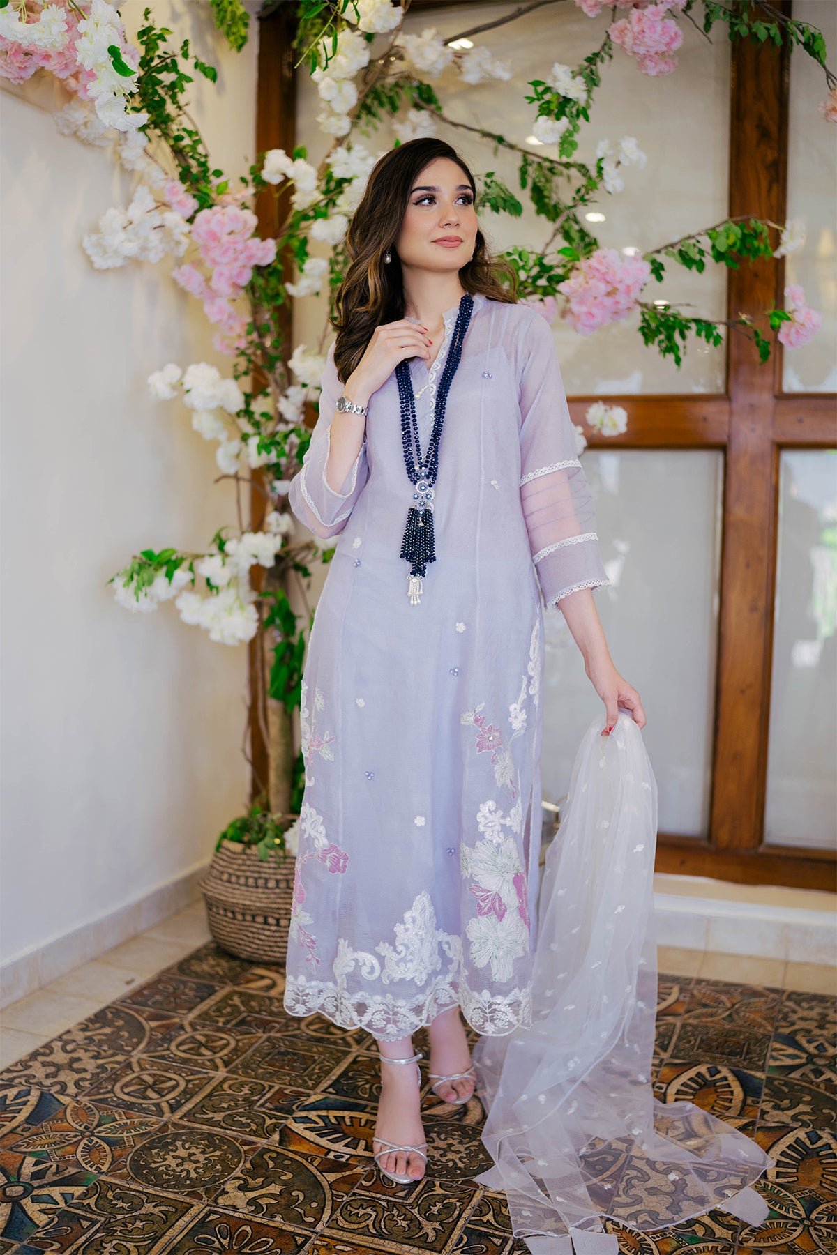 Lilac Embroidered Cotton Karandi Salwar Kameez (3-Piece) - Image 1