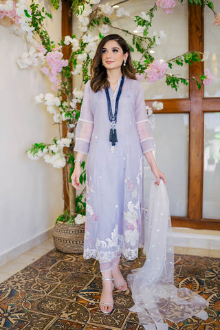 Lilac Embroidered Cotton Karandi Salwar Kameez (3-Piece) - Image 5