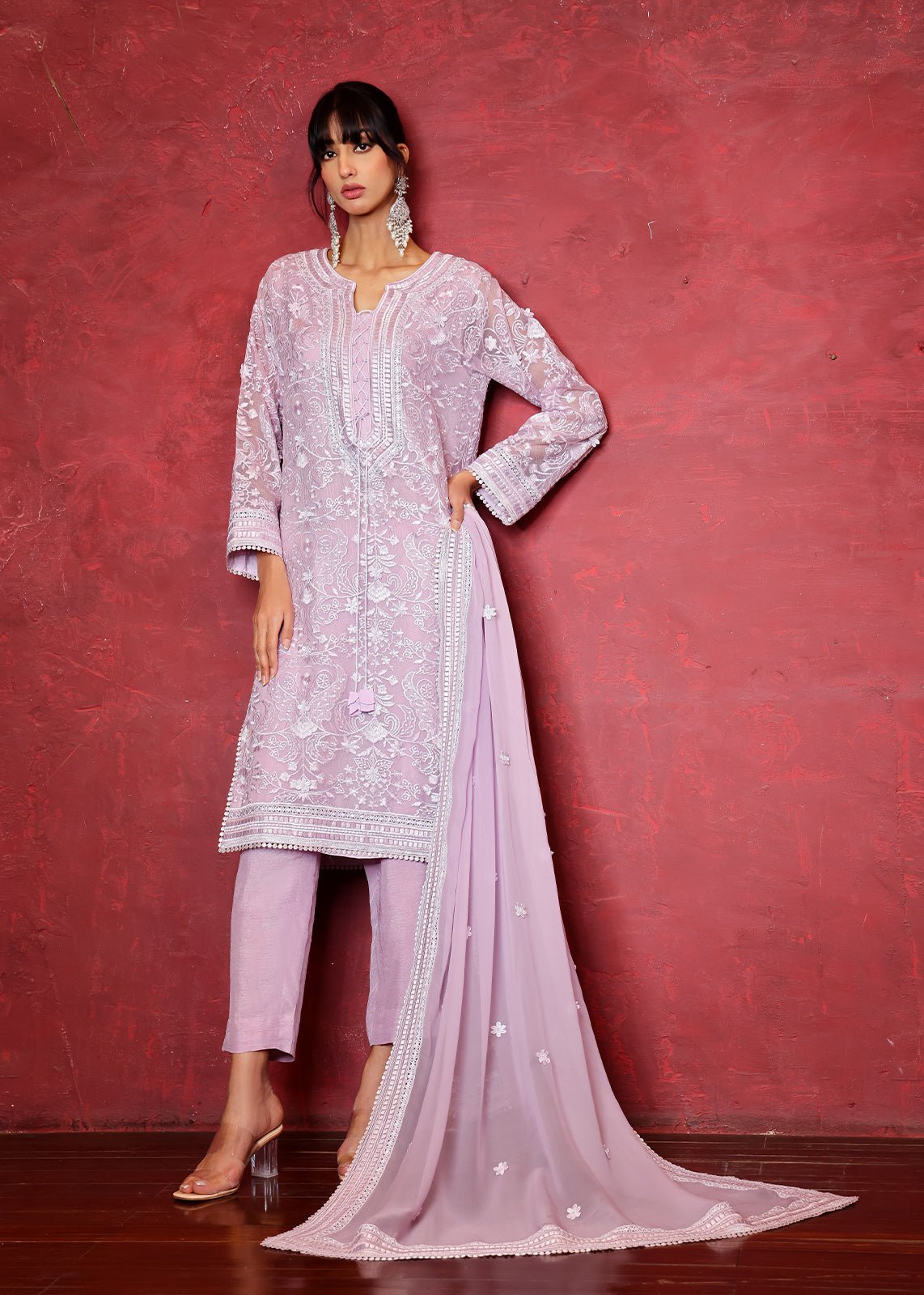 Purple Chikan Embroidered Cotton Net Kurta (2-Piece) - Image 1