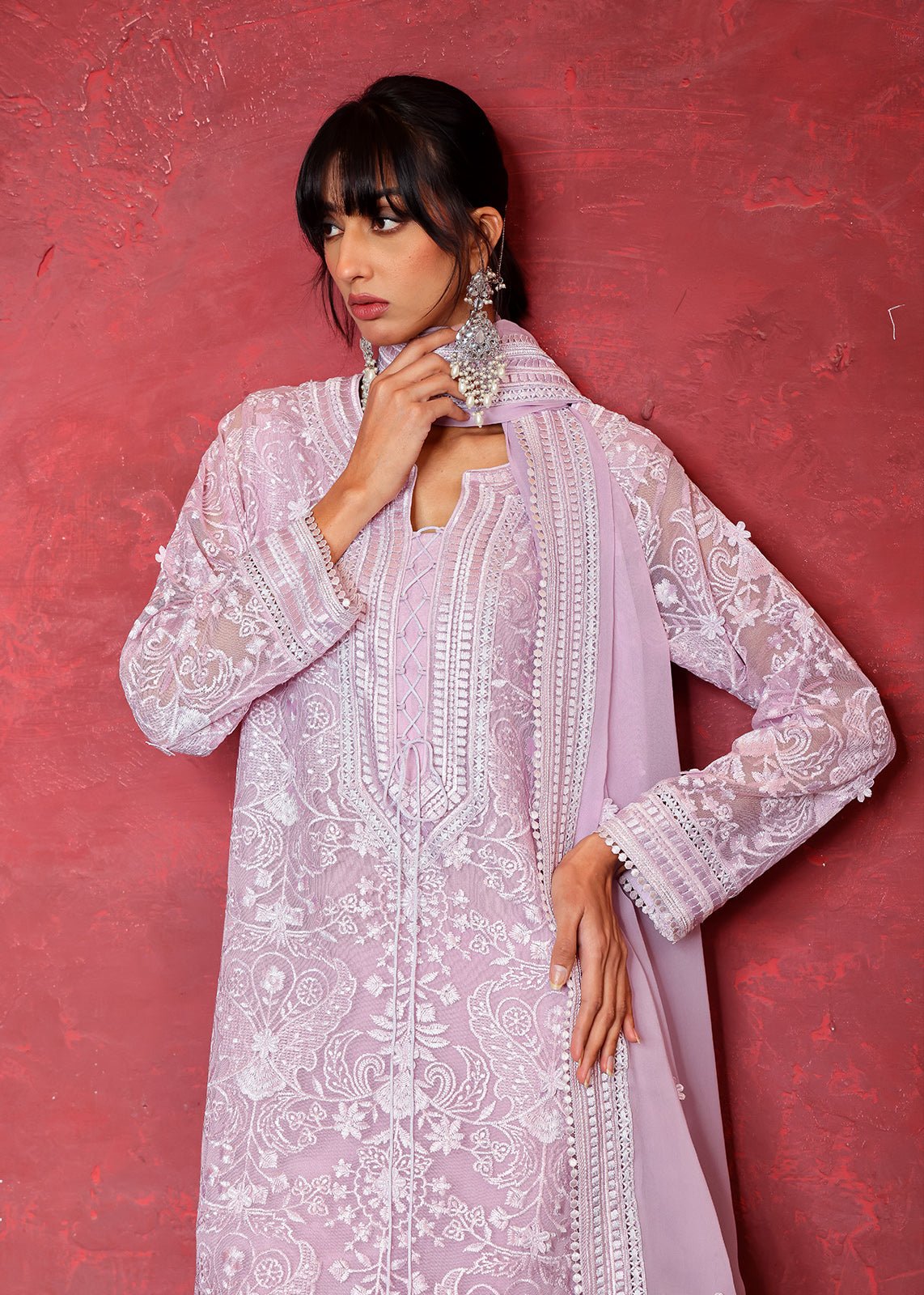 Purple Chikan Embroidered Cotton Net Kurta (2-Piece) - Image 2