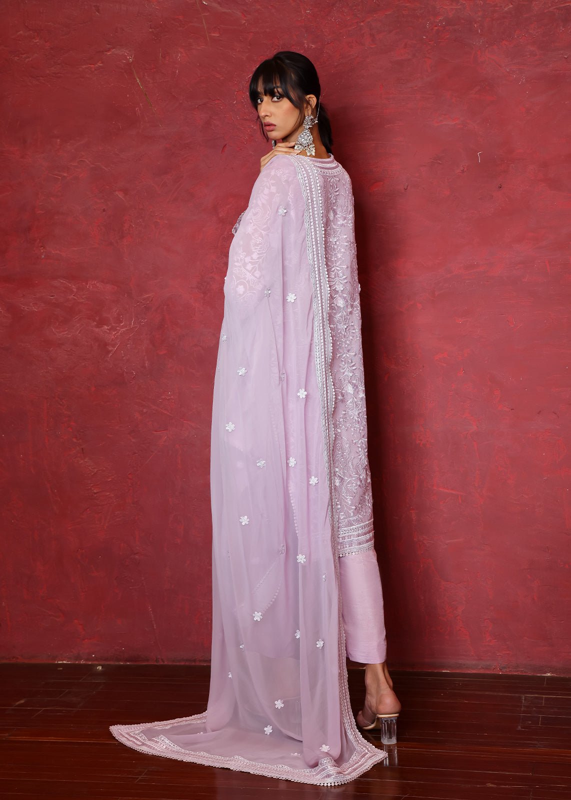 Purple Chikan Embroidered Cotton Net Kurta (2-Piece) - Image 4