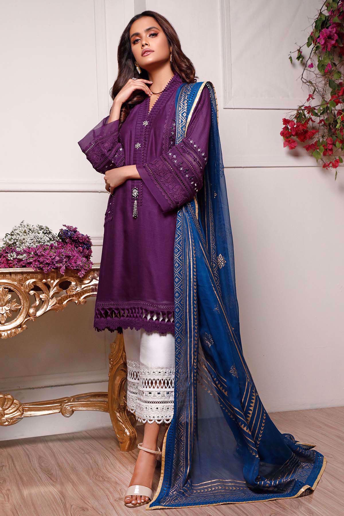 Pakistani Plum Embroidered Cotton Net Salwar Kameez (3-Piece) - Image 1