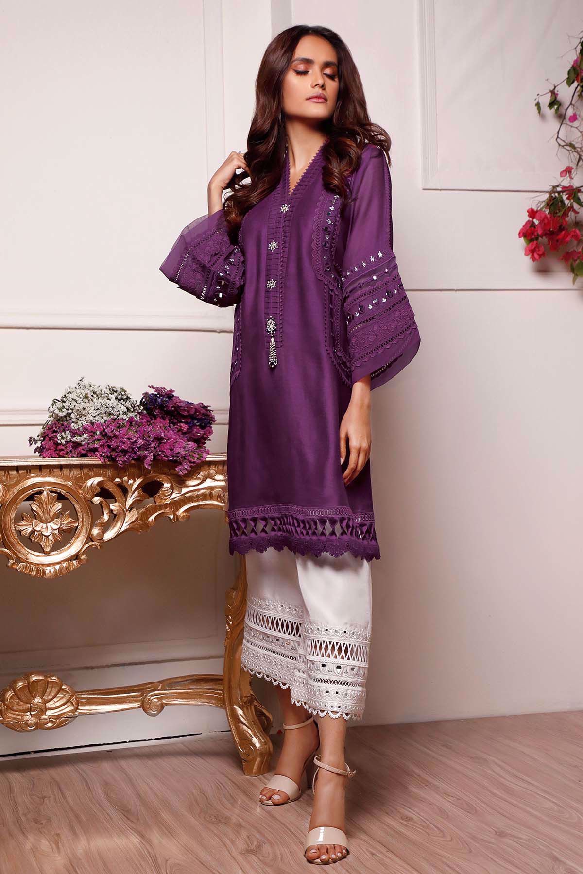 Pakistani Plum Embroidered Cotton Net Salwar Kameez (3-Piece) - Image 2