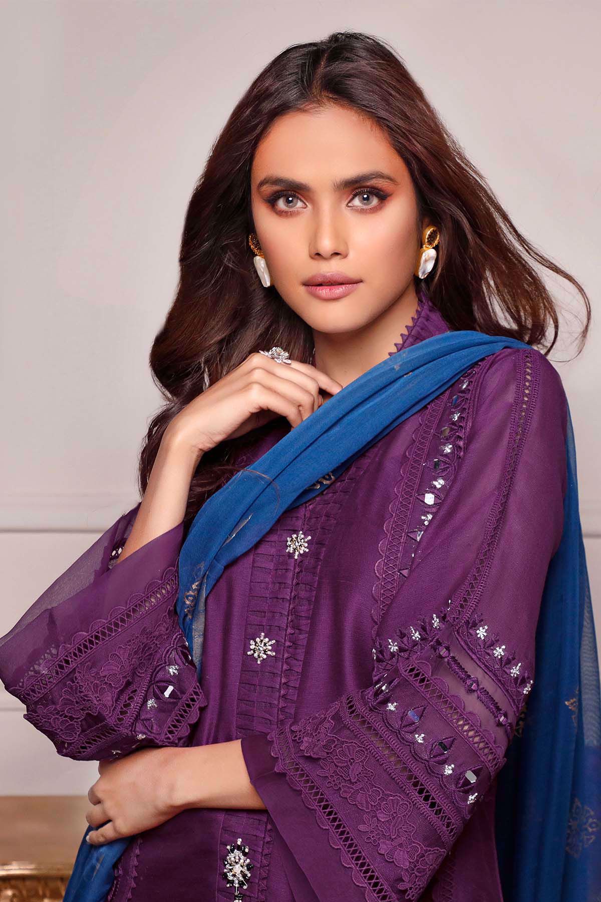 Pakistani Plum Embroidered Cotton Net Salwar Kameez (3-Piece) - Image 3