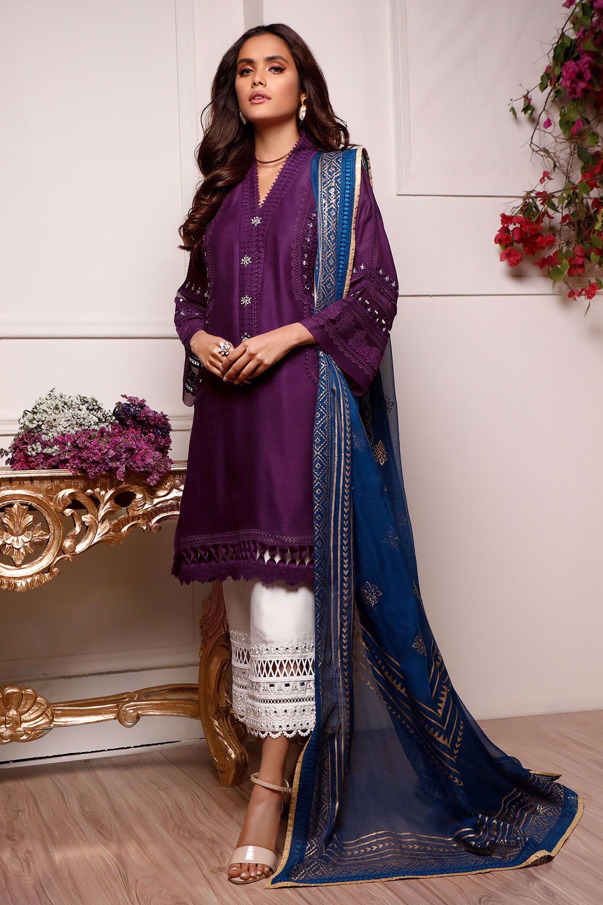 Pakistani Plum Embroidered Cotton Net Salwar Kameez (3-Piece) - Image 4