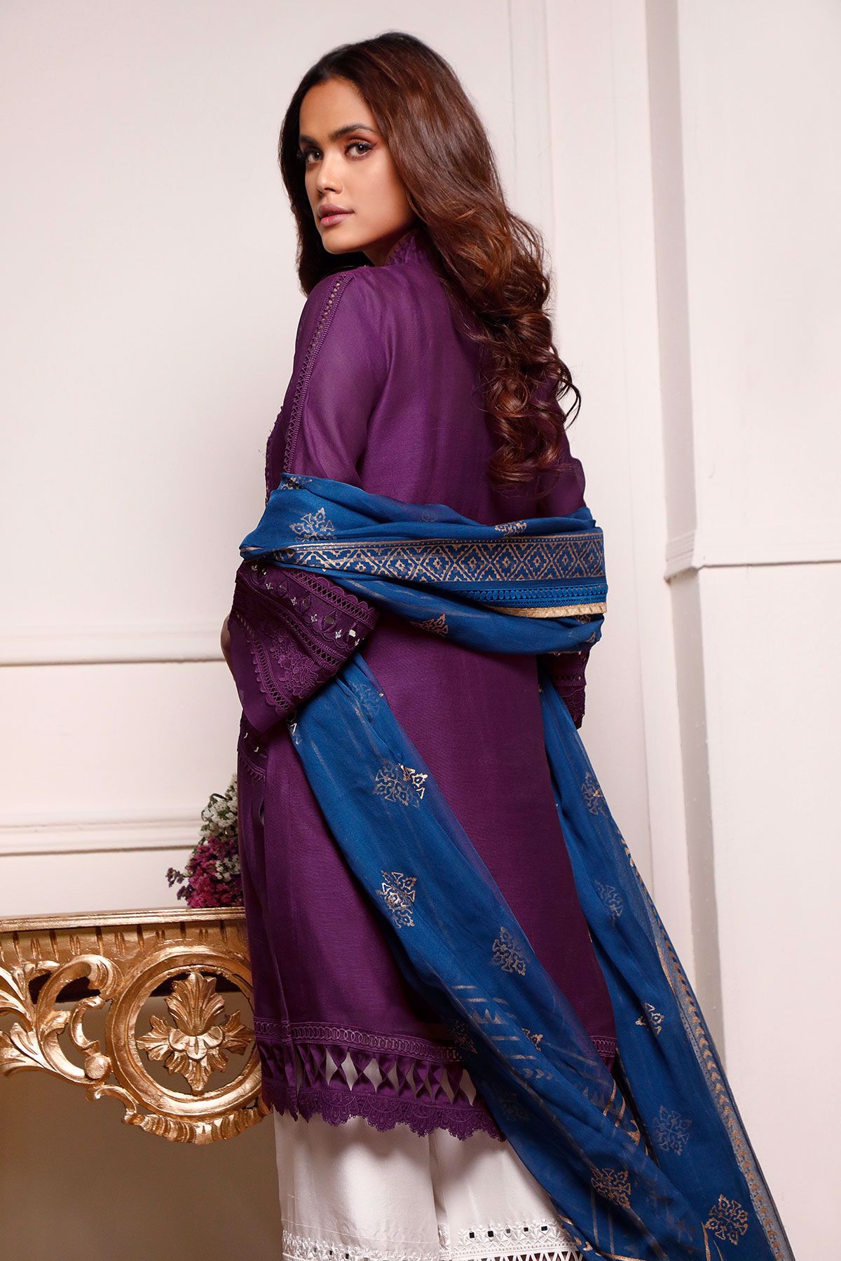 Pakistani Plum Embroidered Cotton Net Salwar Kameez (3-Piece) - Image 7