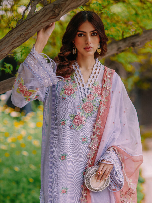 Lilac Cross-Stitch Cotton Net Salwar Kameez (3-Piece) - Image 1