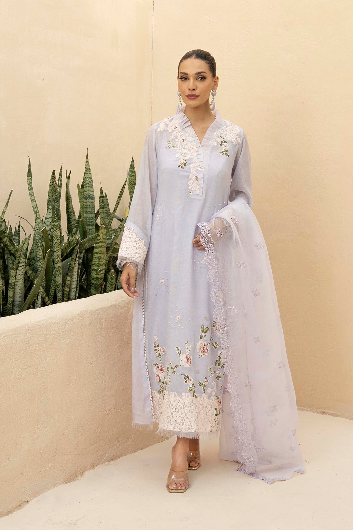 Lilac Embroidered Cotton Net Salwar Kameez (3-Piece) - Image 1