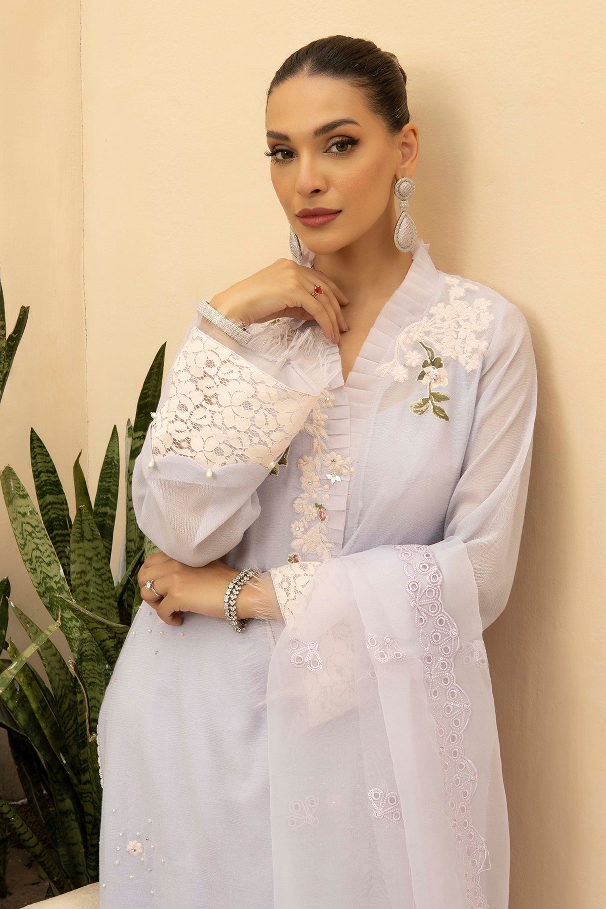 Lilac Embroidered Cotton Net Salwar Kameez (3-Piece) - Image 2