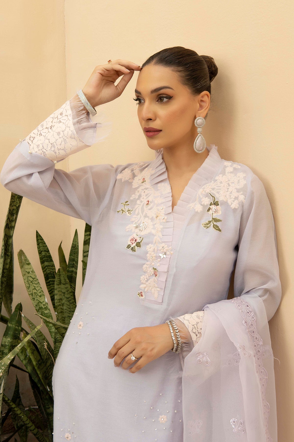 Lilac Embroidered Cotton Net Salwar Kameez (3-Piece) - Image 3