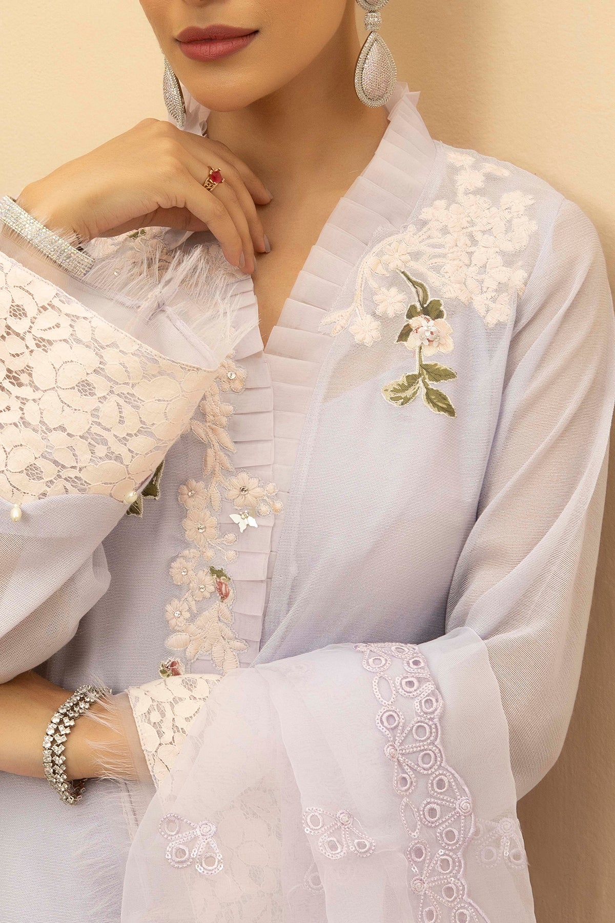 Lilac Embroidered Cotton Net Salwar Kameez (3-Piece) - Image 4