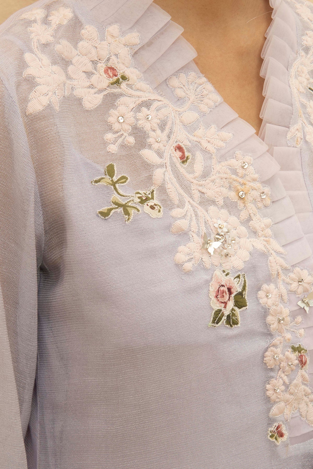 Lilac Embroidered Cotton Net Salwar Kameez (3-Piece) - Image 5