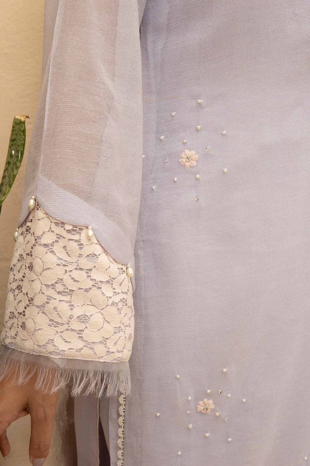 Lilac Embroidered Cotton Net Salwar Kameez (3-Piece) - Image 6