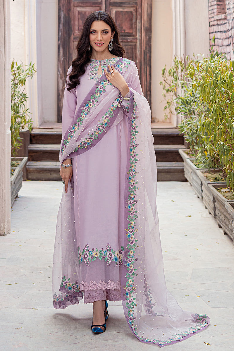 Lavender Embroidered Cotton Net Salwar Kameez (3-Piece) - Image 1
