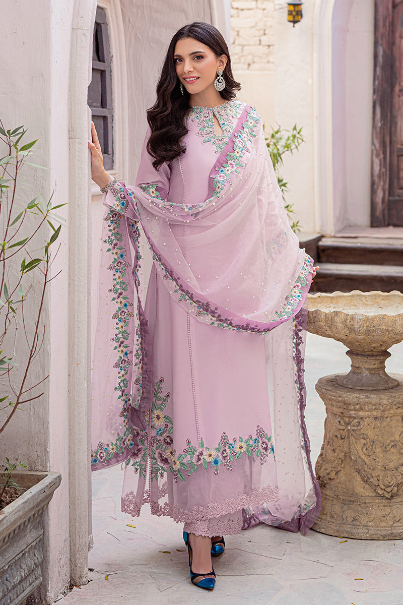 Lavender Embroidered Cotton Net Salwar Kameez (3-Piece) - Image 2