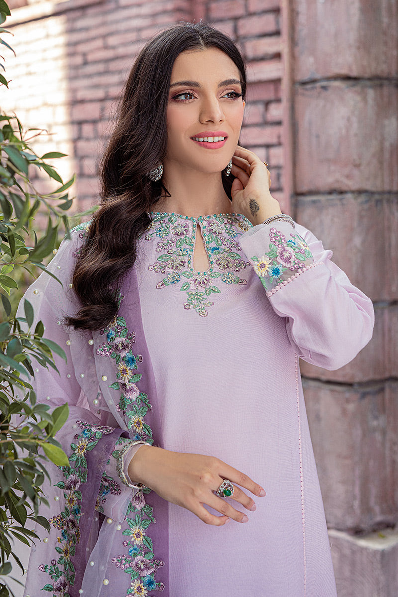 Lavender Embroidered Cotton Net Salwar Kameez (3-Piece) - Image 4