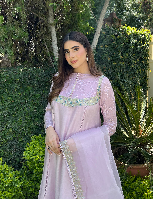 Pakistani Lilac Embroidered Cotton Net Salwar Kameez (3-Piece) - Image 3