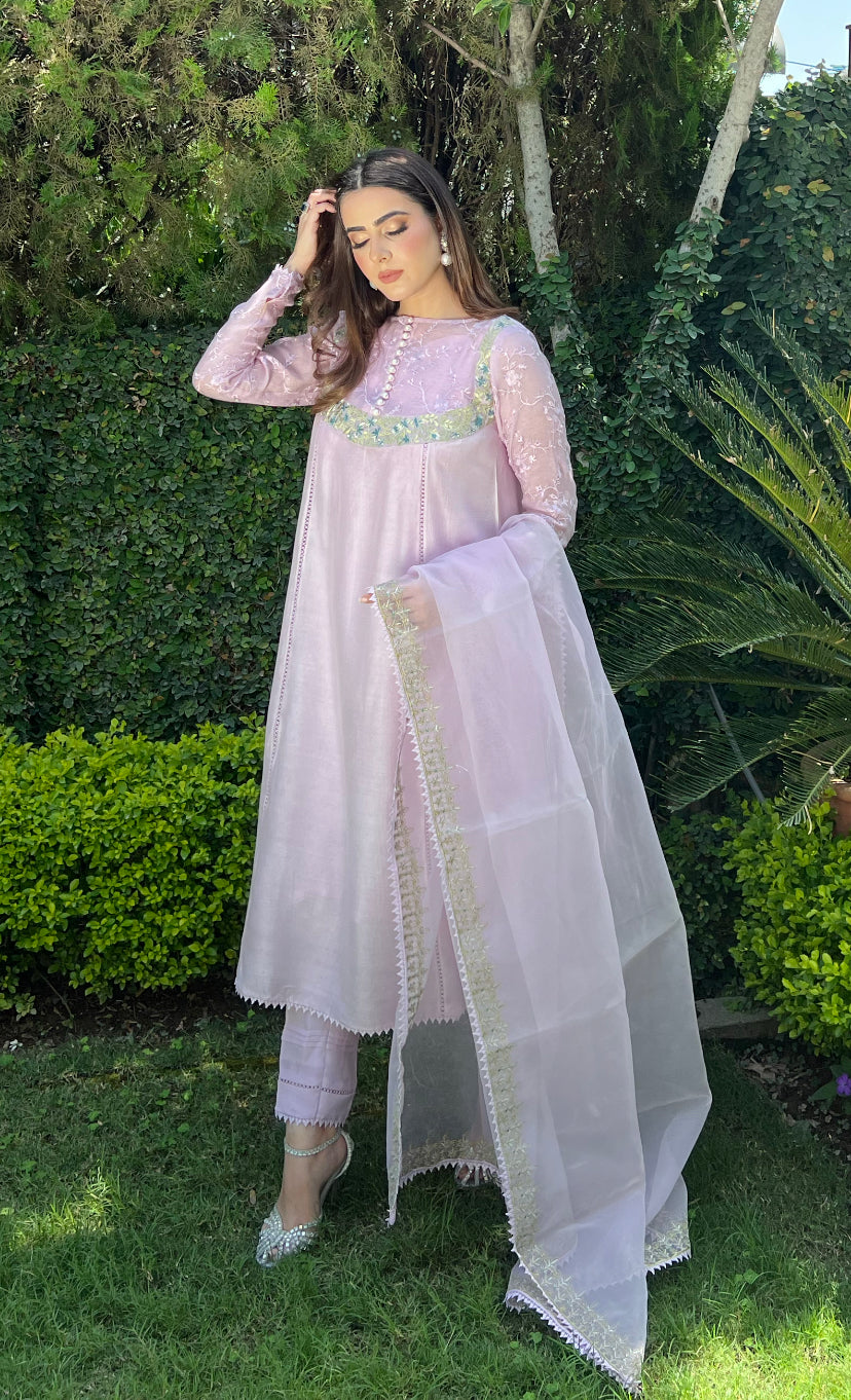 Pakistani Lilac Embroidered Cotton Net Salwar Kameez (3-Piece) - Image 4