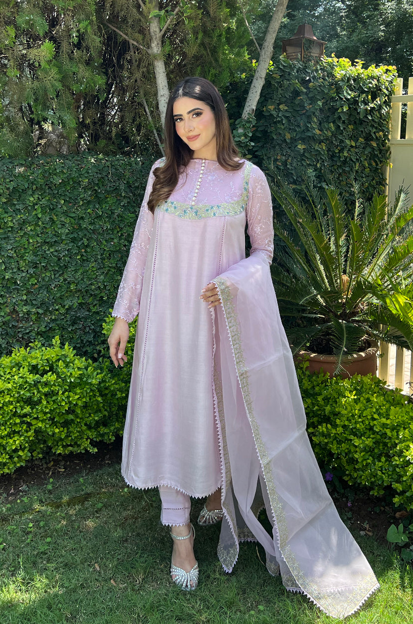 Pakistani Lilac Embroidered Cotton Net Salwar Kameez (3-Piece) - Image 5
