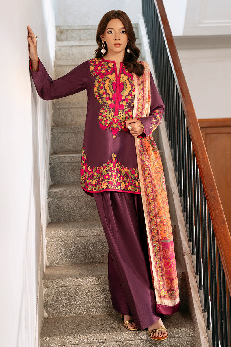Purple Embroidered Cotton Net Salwar Kameez (3-Piece) - Image 1
