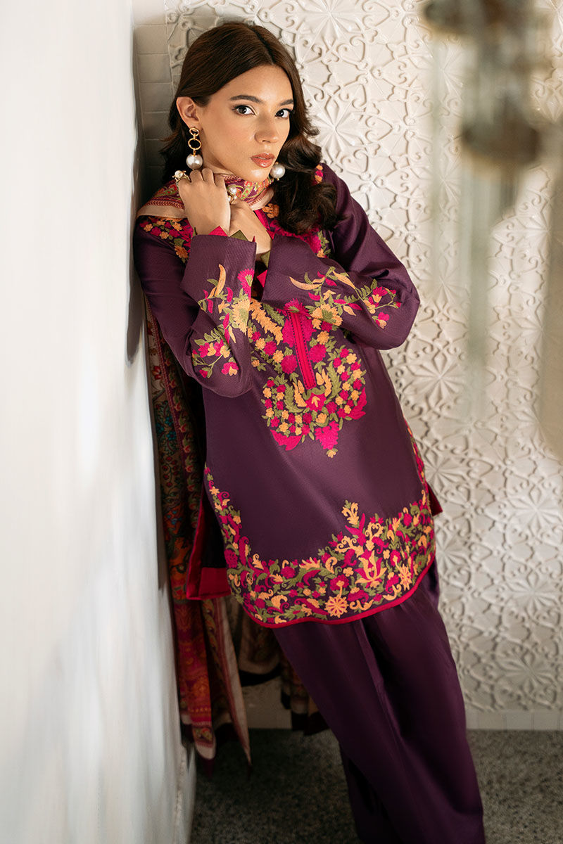 Purple Embroidered Cotton Net Salwar Kameez (3-Piece) - Image 2