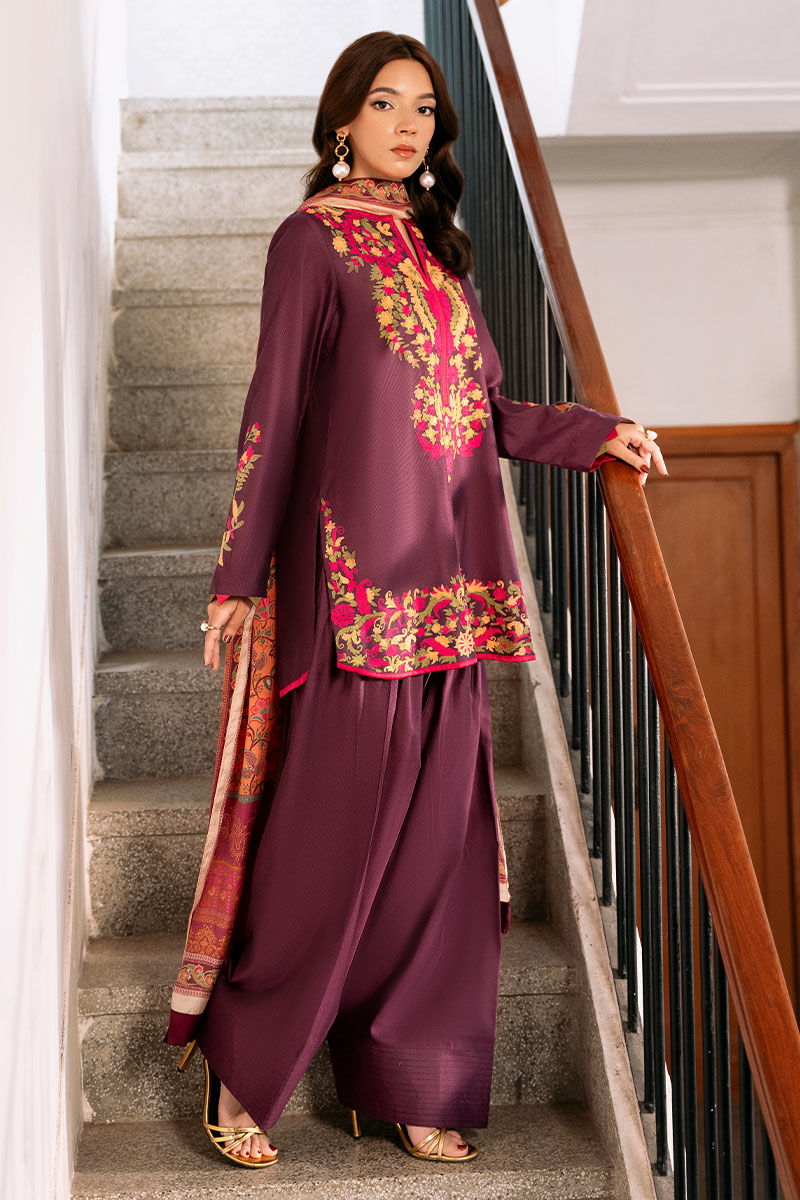 Purple Embroidered Cotton Net Salwar Kameez (3-Piece) - Image 3